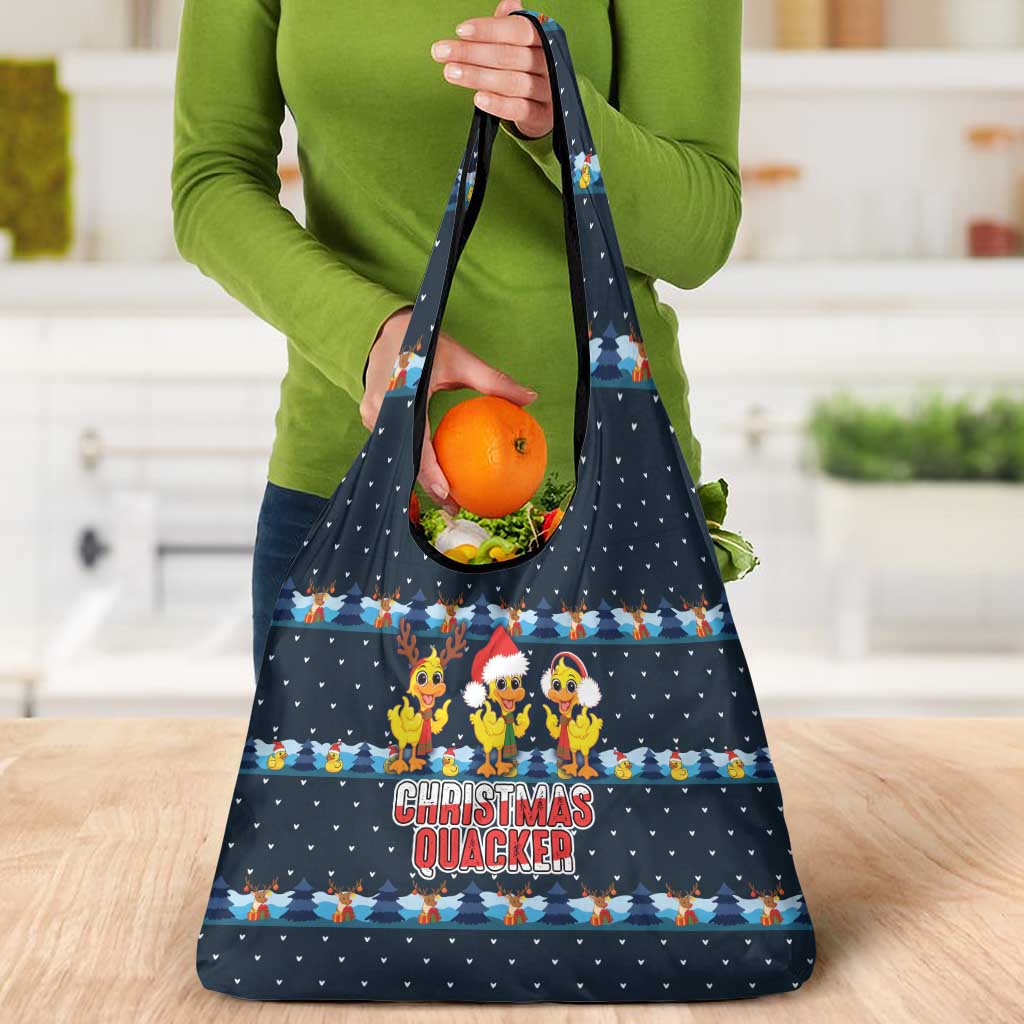 Funny Duck Characters Christmas Quacker Quote Grocery Bag with Navy Tree Pattern Design - Wonder Print Shop