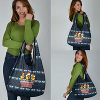 Funny Duck Characters Christmas Quacker Quote Grocery Bag with Navy Tree Pattern Design - Wonder Print Shop