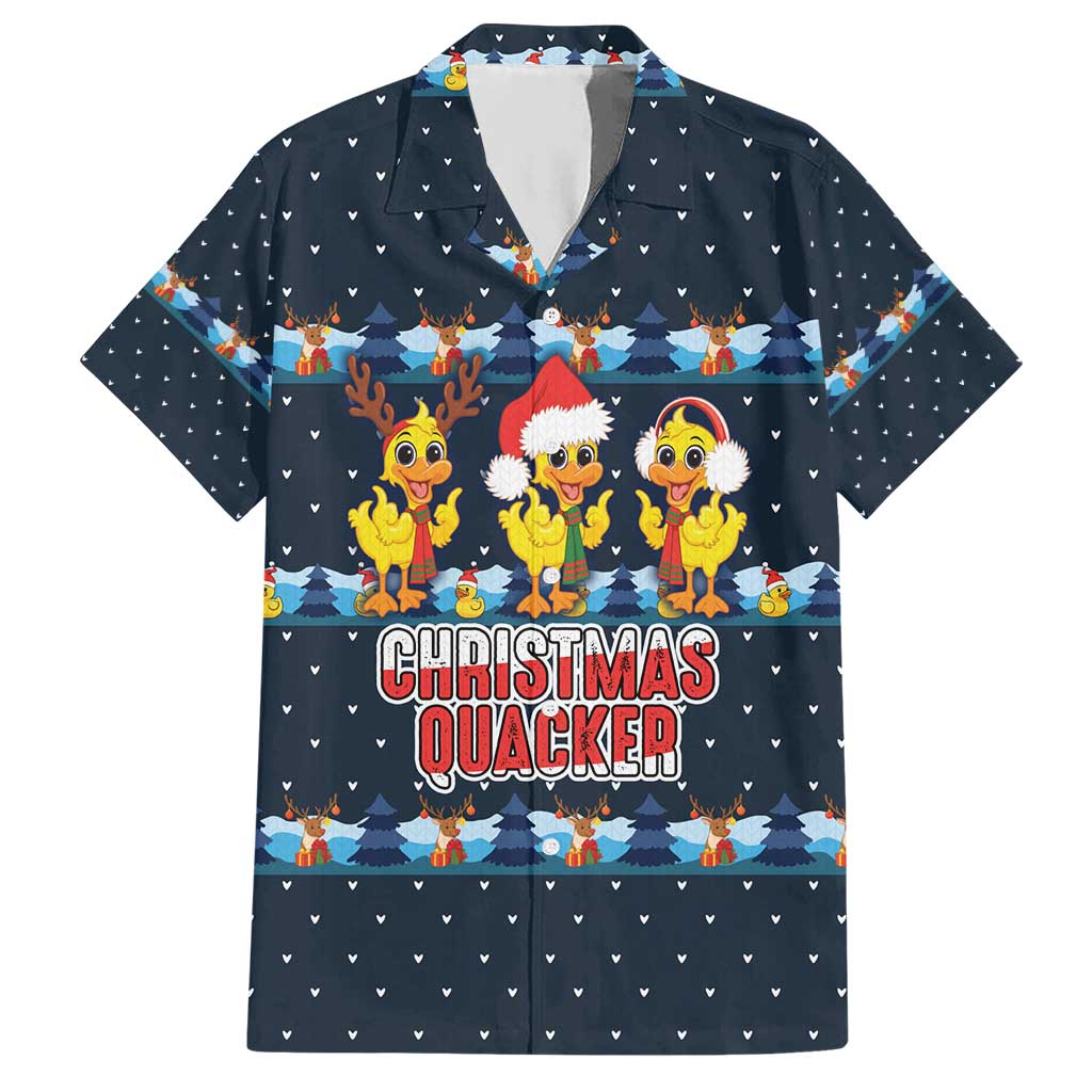 Funny Duck Characters Christmas Quacker Quote Hawaiian Shirt with Navy Tree Pattern Design - Wonder Print Shop