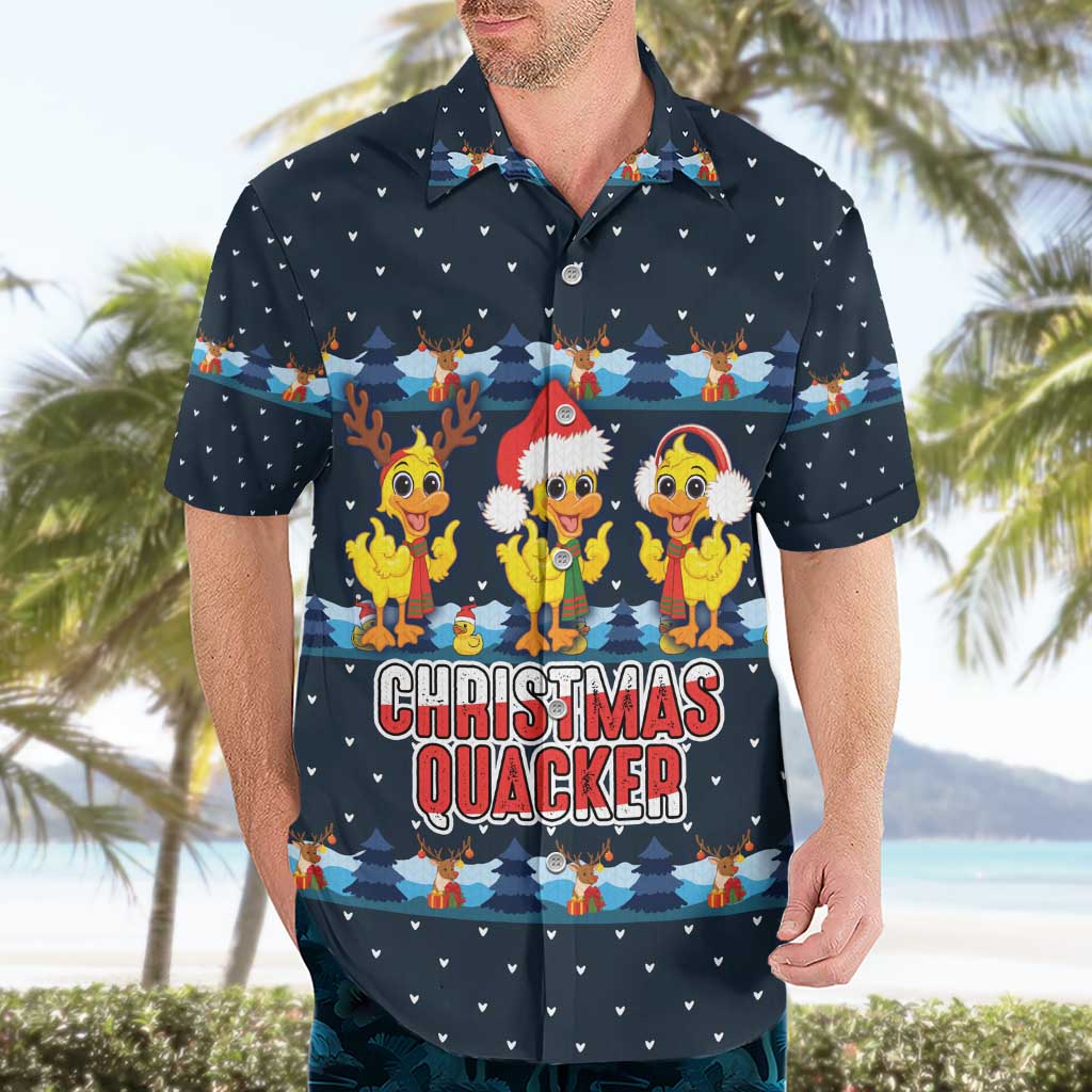 Funny Duck Characters Christmas Quacker Quote Hawaiian Shirt with Navy Tree Pattern Design - Wonder Print Shop