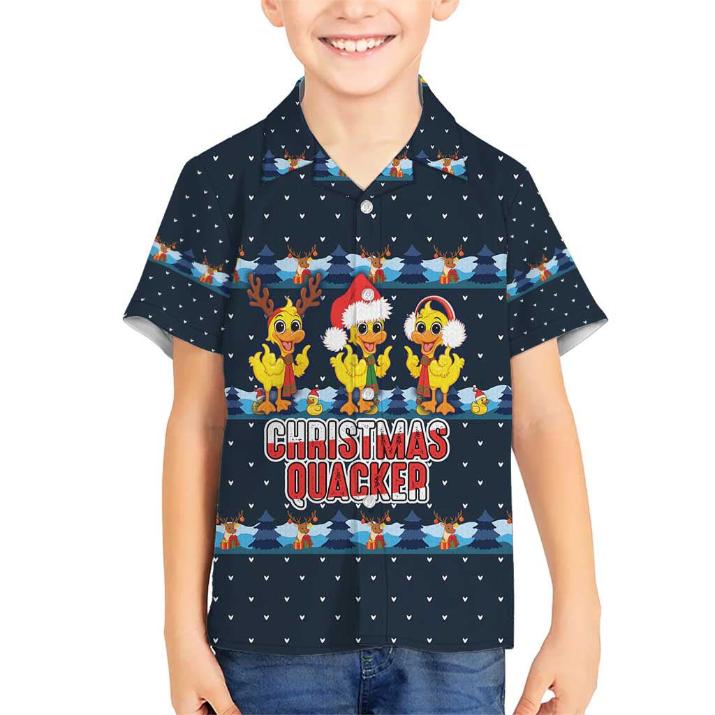 Funny Duck Characters Christmas Quacker Quote Hawaiian Shirt with Navy Tree Pattern Design - Wonder Print Shop