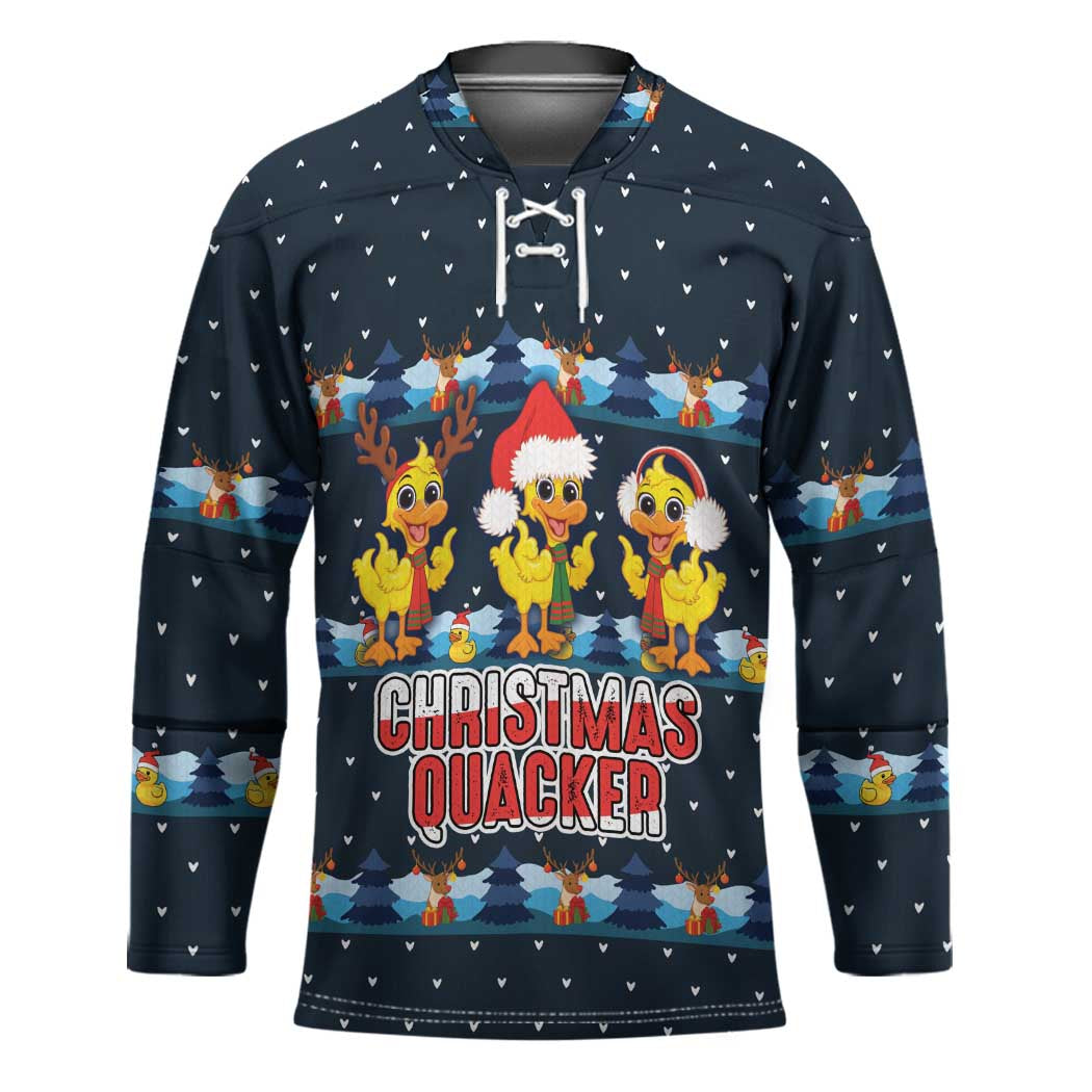 Funny Duck Characters Christmas Quacker Quote Hockey Jersey with Navy Tree Pattern Design - Wonder Print Shop