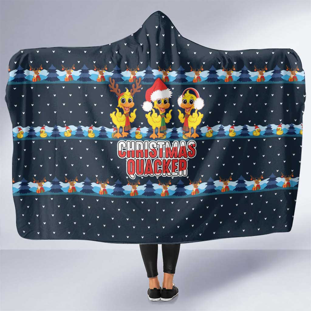 Funny Duck Characters Christmas Quacker Quote Hooded Blanket with Navy Tree Pattern Design - Wonder Print Shop