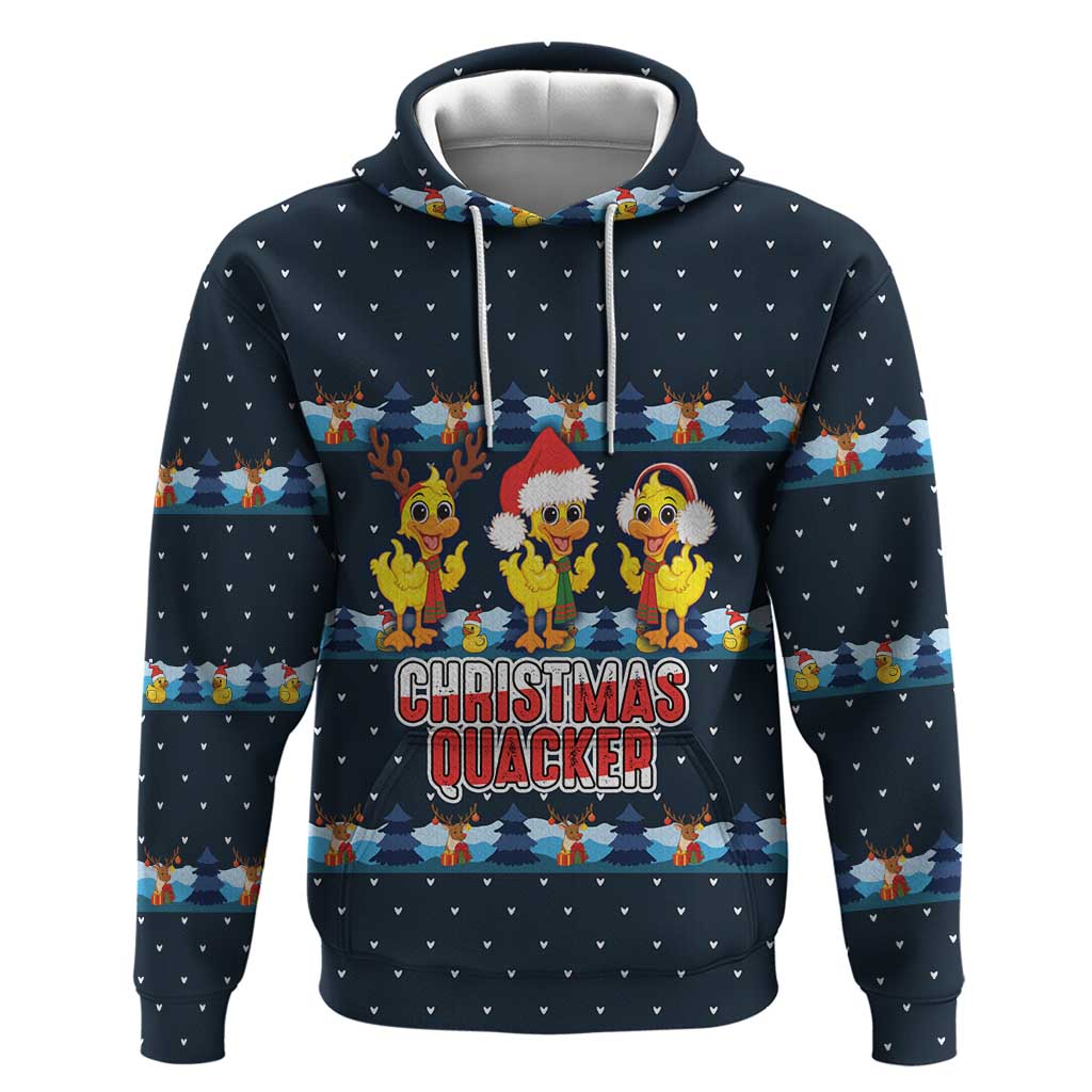Funny Duck Characters Christmas Quacker Quote Hoodie with Navy Tree Pattern Design - Wonder Print Shop