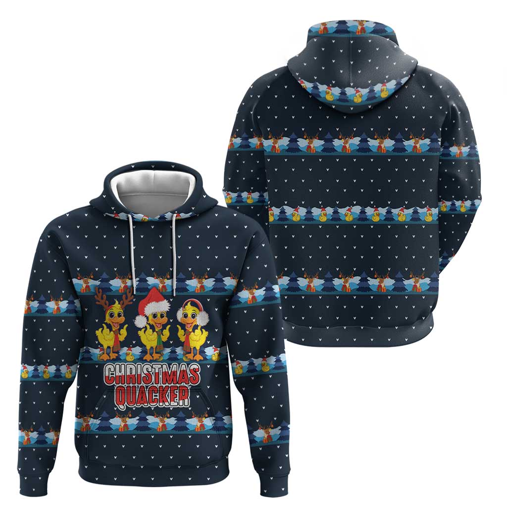 Funny Duck Characters Christmas Quacker Quote Hoodie with Navy Tree Pattern Design - Wonder Print Shop