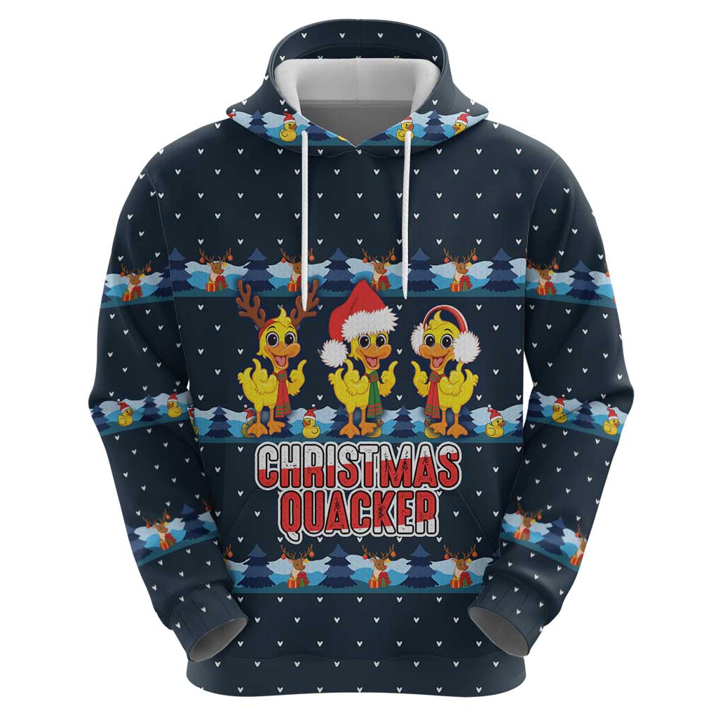 Funny Duck Characters Christmas Quacker Quote Hoodie with Navy Tree Pattern Design - Wonder Print Shop