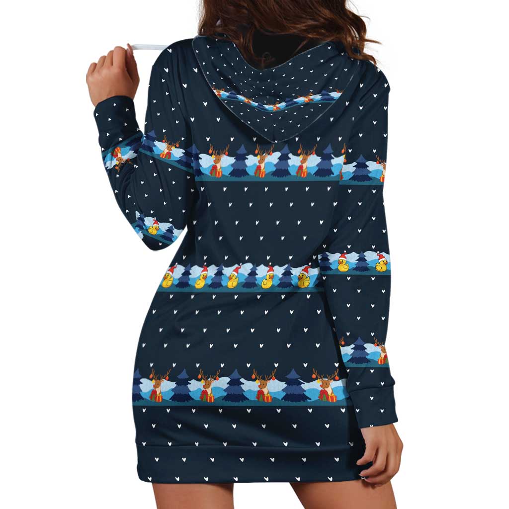 Funny Duck Characters Christmas Quacker Quote Hoodie Dress with Navy Tree Pattern Design - Wonder Print Shop