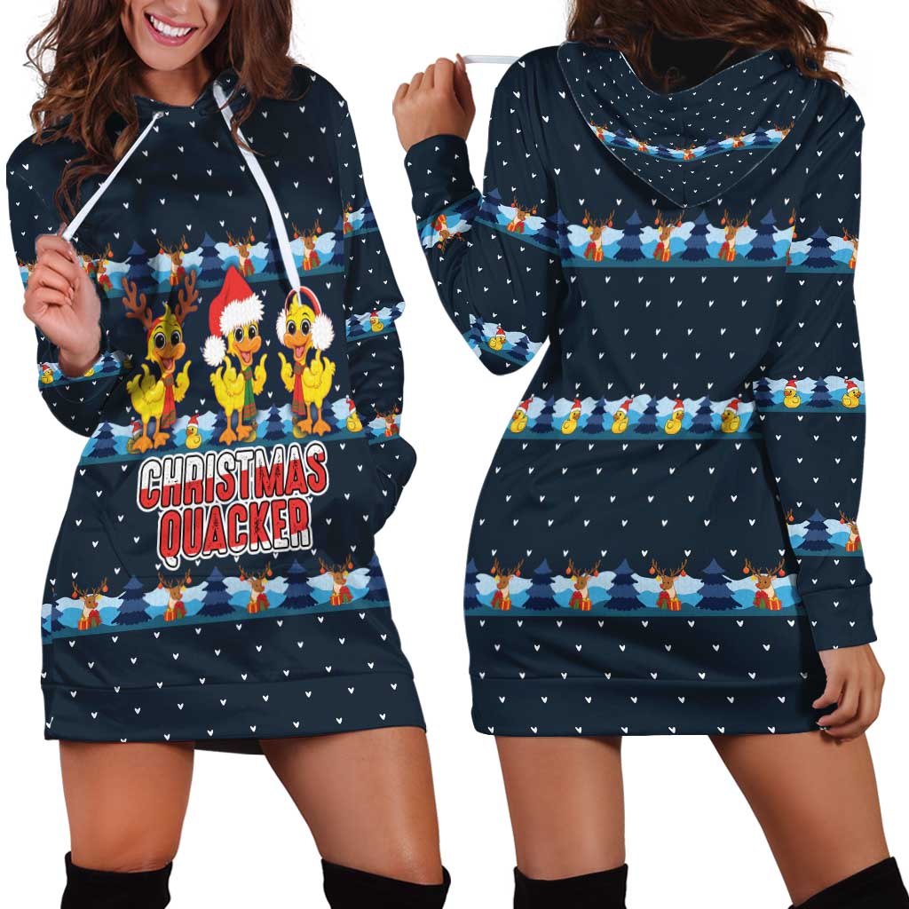 Funny Duck Characters Christmas Quacker Quote Hoodie Dress with Navy Tree Pattern Design - Wonder Print Shop
