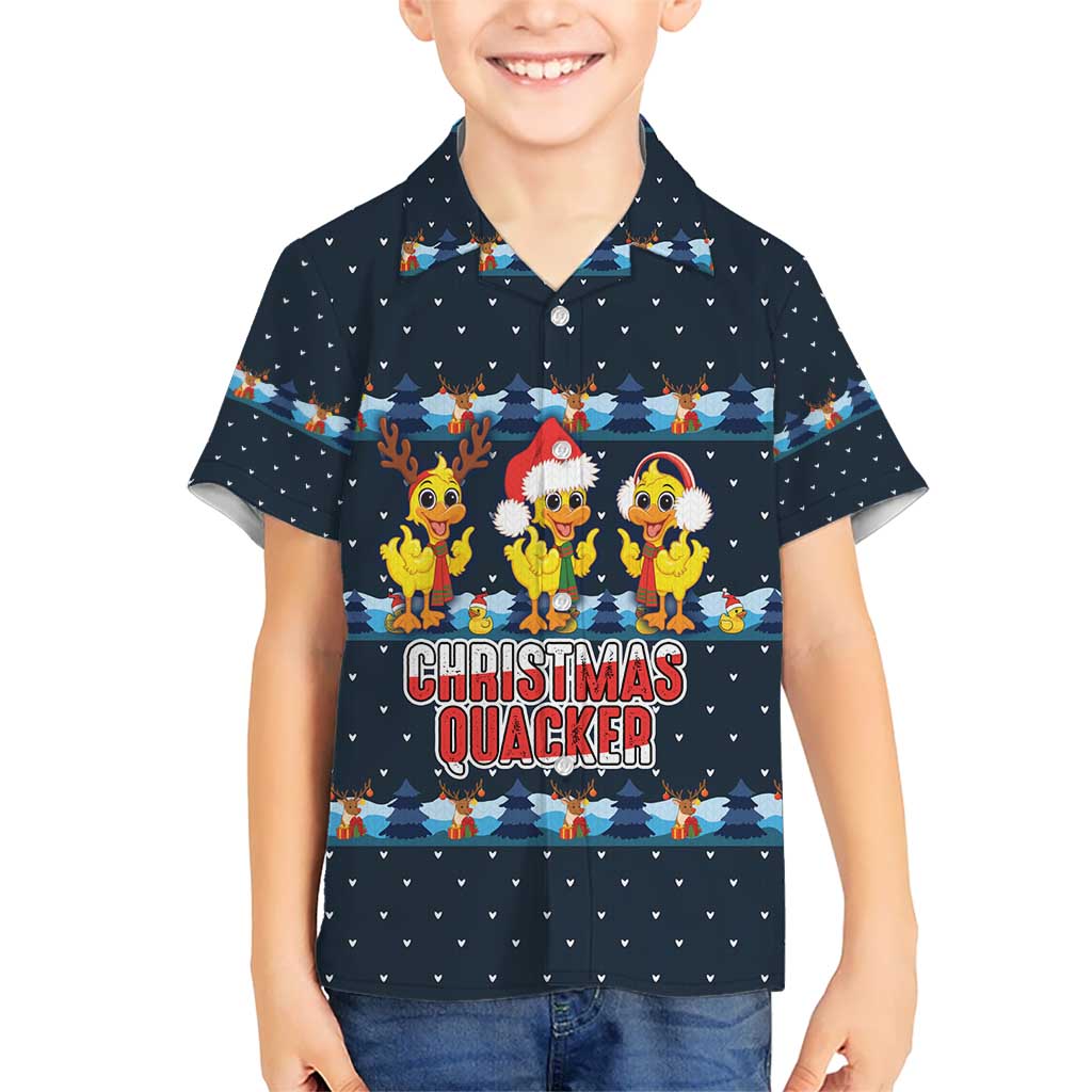 Funny Duck Characters Christmas Quacker Quote Kid Hawaiian Shirt with Navy Tree Pattern Design - Wonder Print Shop