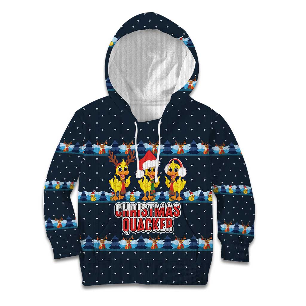 Funny Duck Characters Christmas Quacker Quote Kid Hoodie with Navy Tree Pattern Design - Wonder Print Shop