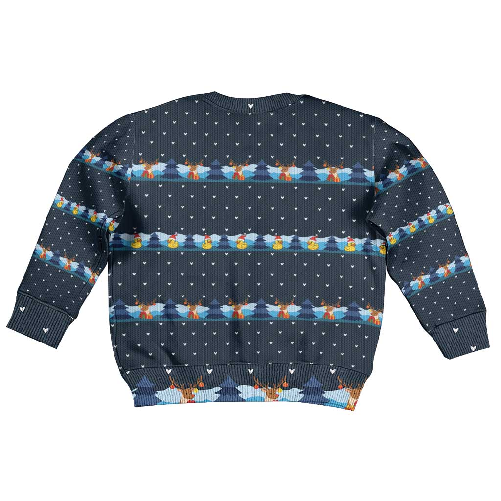 Funny Duck Characters Christmas Quacker Quote Kid Ugly Christmas Sweater with Navy Tree Pattern Design - Wonder Print Shop