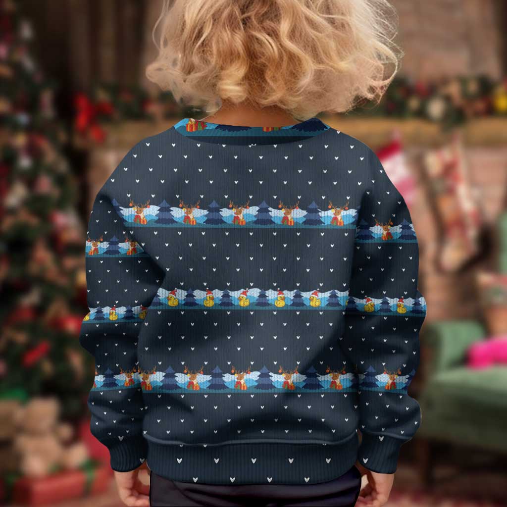 Funny Duck Characters Christmas Quacker Quote Kid Ugly Christmas Sweater with Navy Tree Pattern Design - Wonder Print Shop