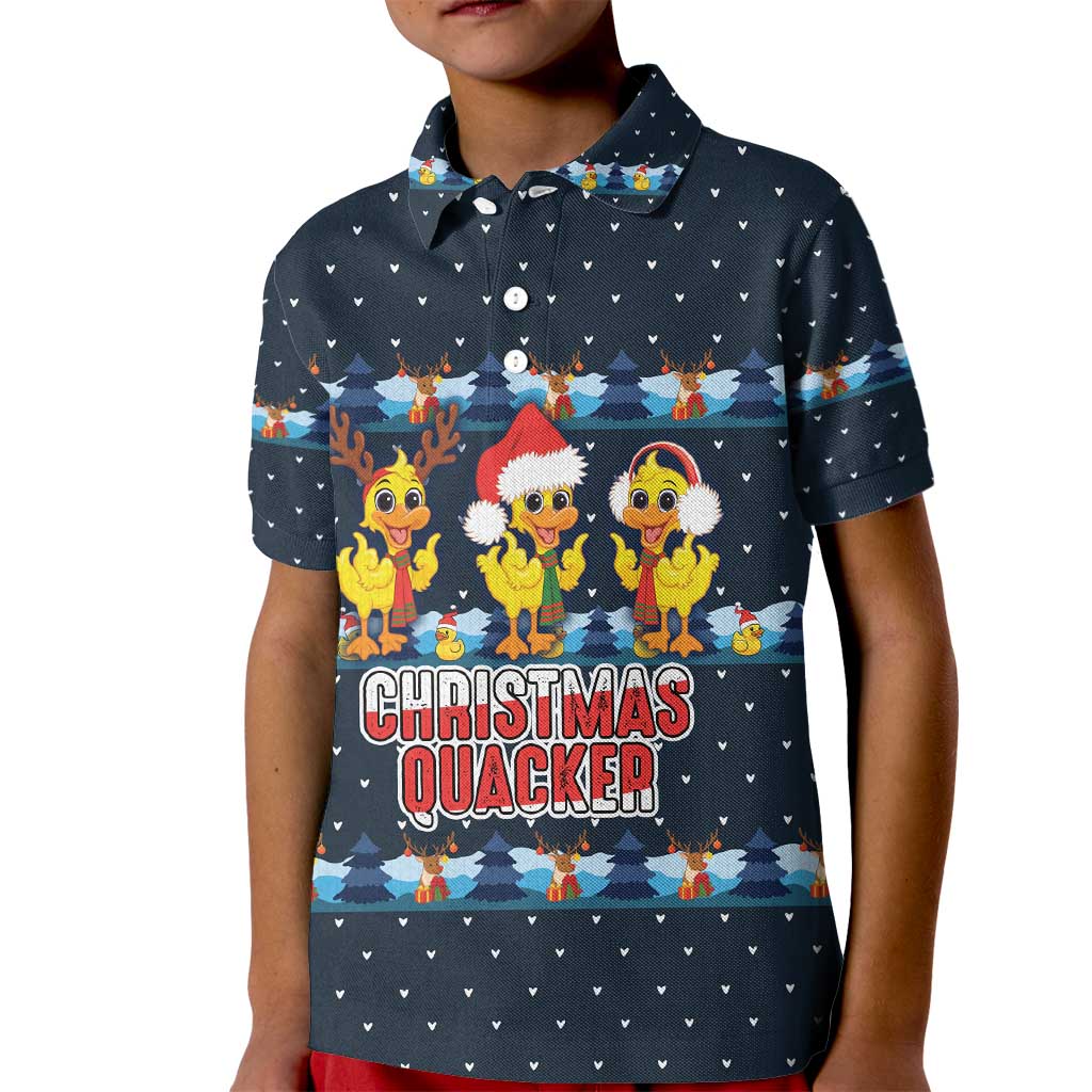 Funny Duck Characters Christmas Quacker Quote Kid Polo Shirt with Navy Tree Pattern Design - Wonder Print Shop