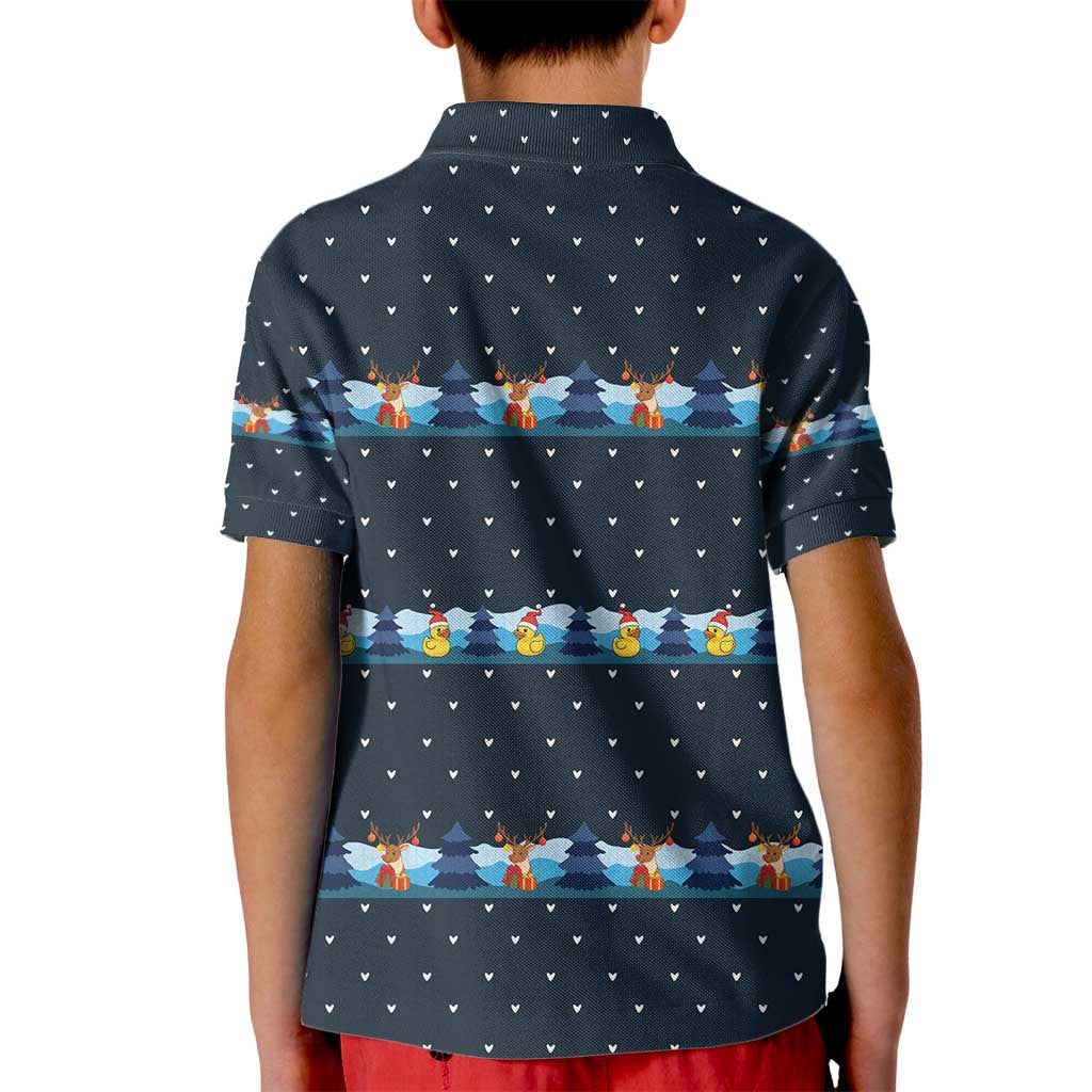 Funny Duck Characters Christmas Quacker Quote Kid Polo Shirt with Navy Tree Pattern Design - Wonder Print Shop
