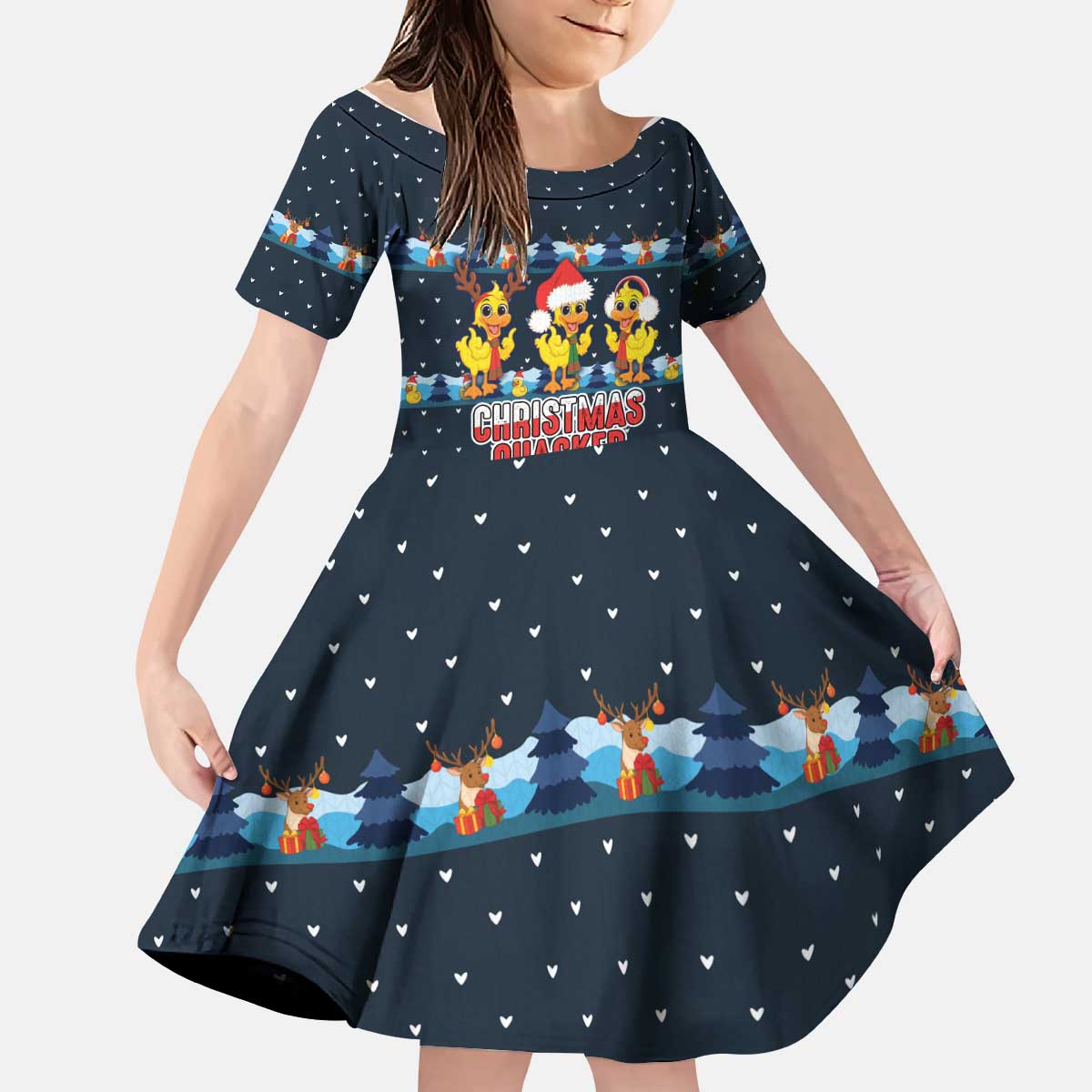 Funny Duck Characters Christmas Quacker Quote Kid Short Sleeve Dress with Navy Tree Pattern Design - Wonder Print Shop