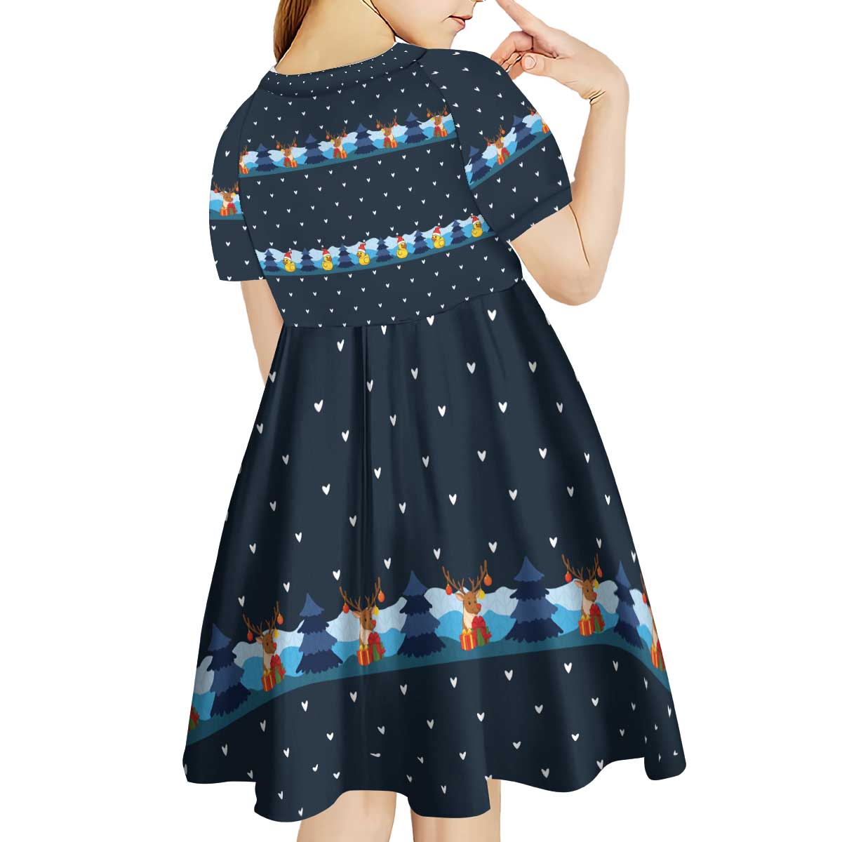 Funny Duck Characters Christmas Quacker Quote Kid Short Sleeve Dress with Navy Tree Pattern Design - Wonder Print Shop