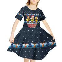 Funny Duck Characters Christmas Quacker Quote Kid Short Sleeve Dress with Navy Tree Pattern Design - Wonder Print Shop