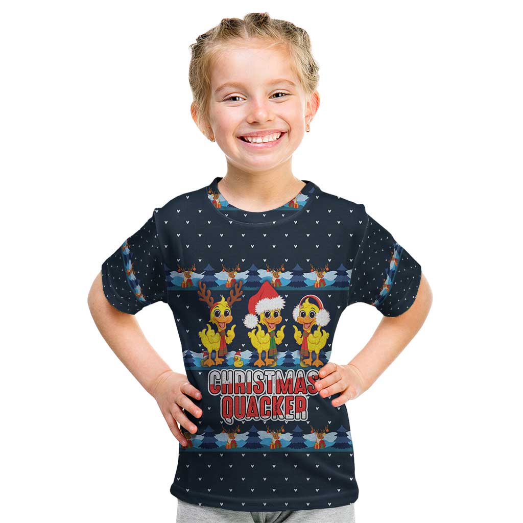 Funny Duck Characters Christmas Quacker Quote Kid T Shirt with Navy Tree Pattern Design - Wonder Print Shop