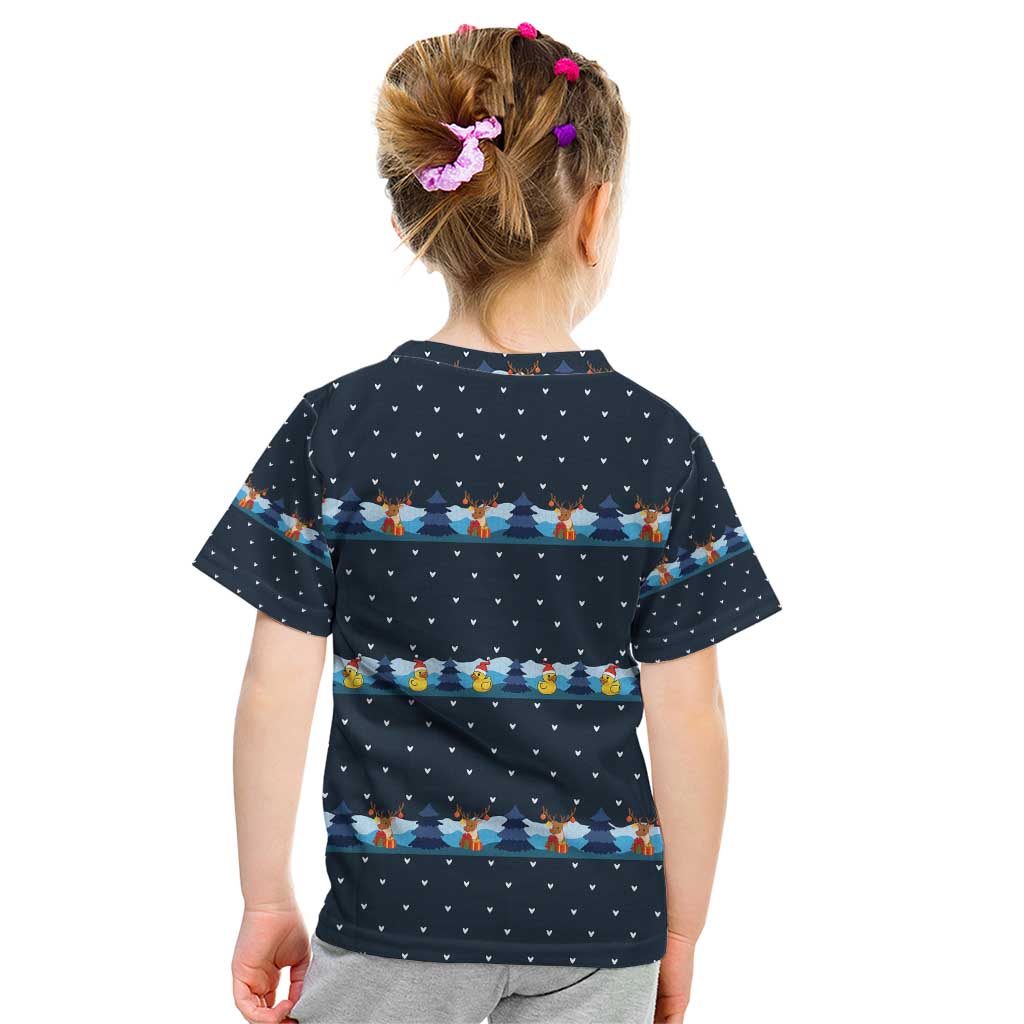 Funny Duck Characters Christmas Quacker Quote Kid T Shirt with Navy Tree Pattern Design - Wonder Print Shop
