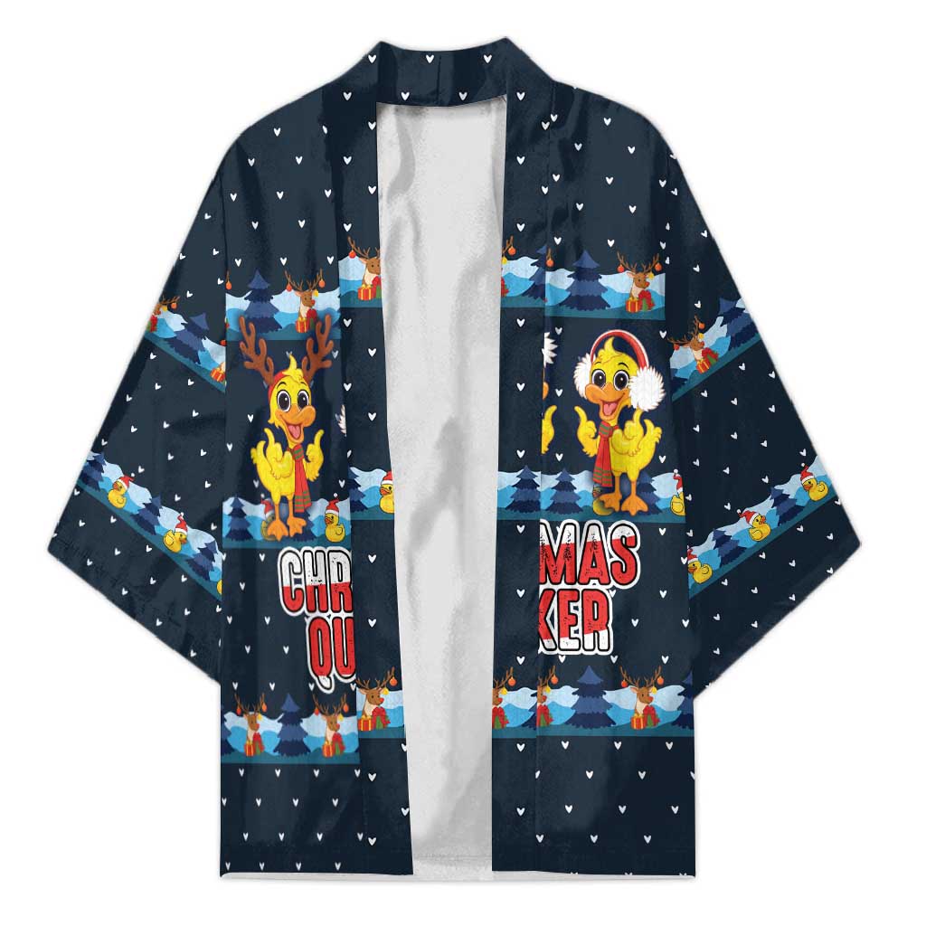 Funny Duck Characters Christmas Quacker Quote Kimono with Navy Tree Pattern Design - Wonder Print Shop
