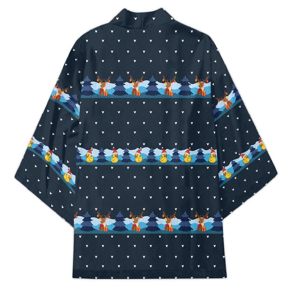 Funny Duck Characters Christmas Quacker Quote Kimono with Navy Tree Pattern Design - Wonder Print Shop