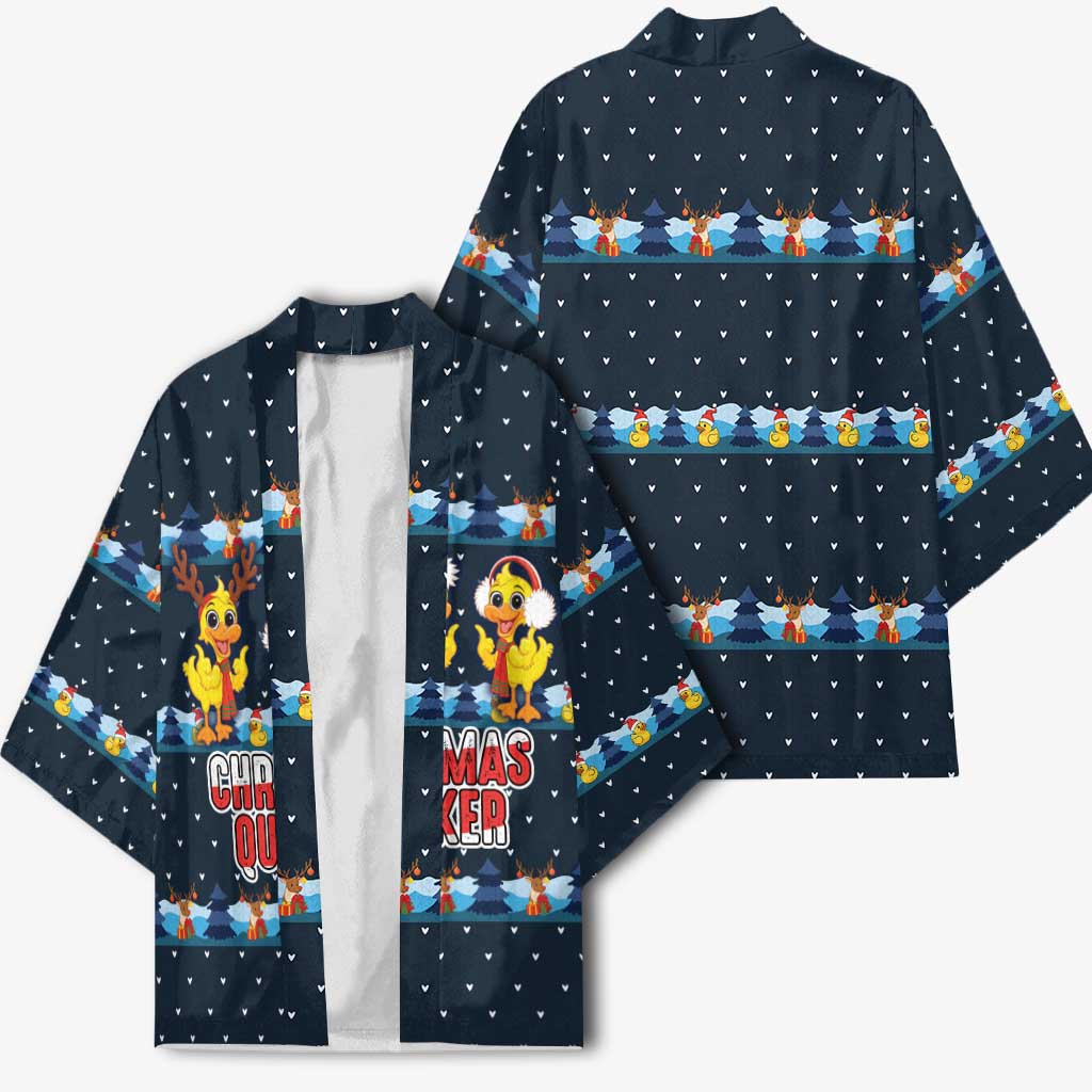 Funny Duck Characters Christmas Quacker Quote Kimono with Navy Tree Pattern Design - Wonder Print Shop