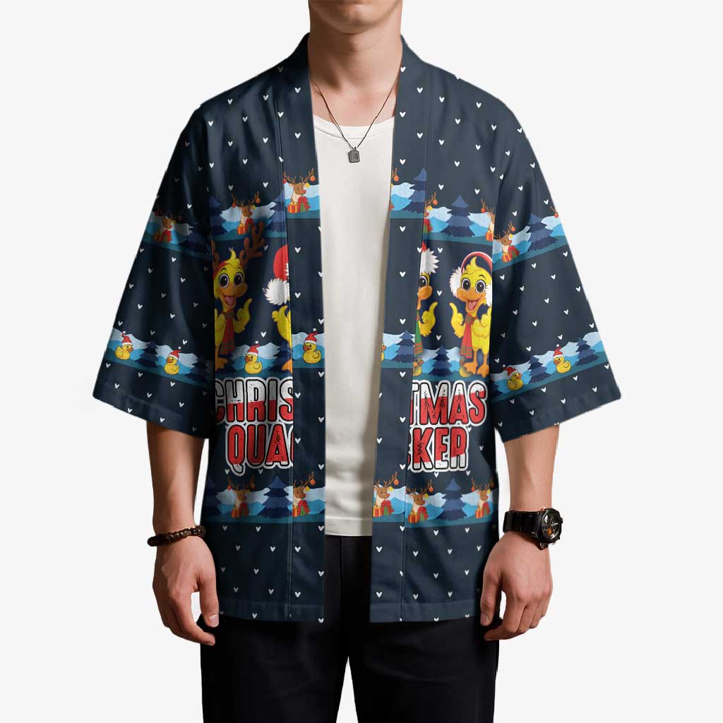 Funny Duck Characters Christmas Quacker Quote Kimono with Navy Tree Pattern Design - Wonder Print Shop