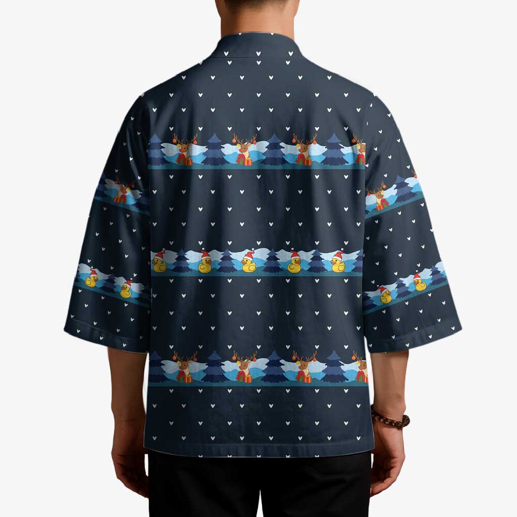 Funny Duck Characters Christmas Quacker Quote Kimono with Navy Tree Pattern Design - Wonder Print Shop