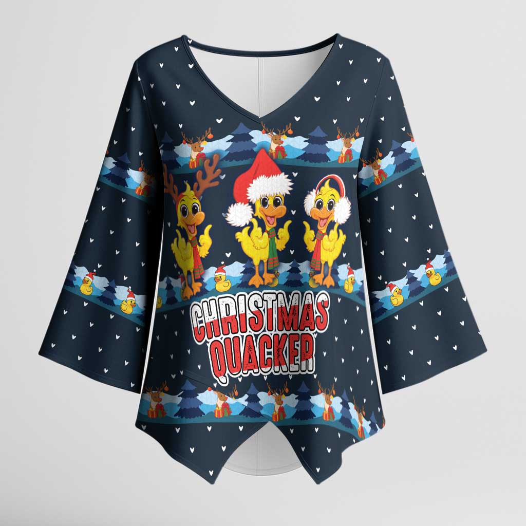 Funny Duck Characters Christmas Quacker Quote Kimono Sleeve Blouse with Navy Tree Pattern Design - Wonder Print Shop