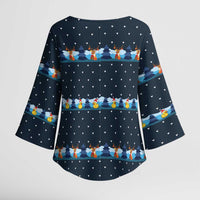 Funny Duck Characters Christmas Quacker Quote Kimono Sleeve Blouse with Navy Tree Pattern Design - Wonder Print Shop