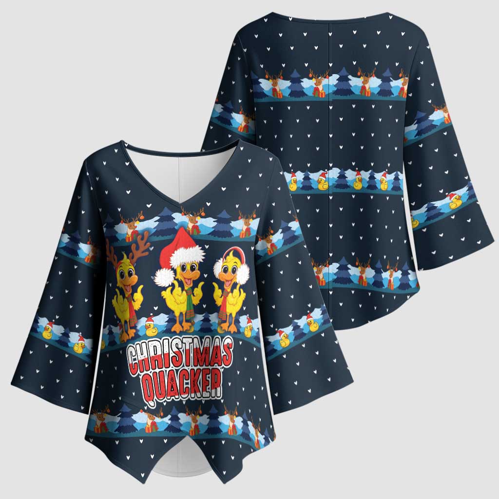 Funny Duck Characters Christmas Quacker Quote Kimono Sleeve Blouse with Navy Tree Pattern Design - Wonder Print Shop