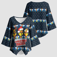 Funny Duck Characters Christmas Quacker Quote Kimono Sleeve Blouse with Navy Tree Pattern Design - Wonder Print Shop