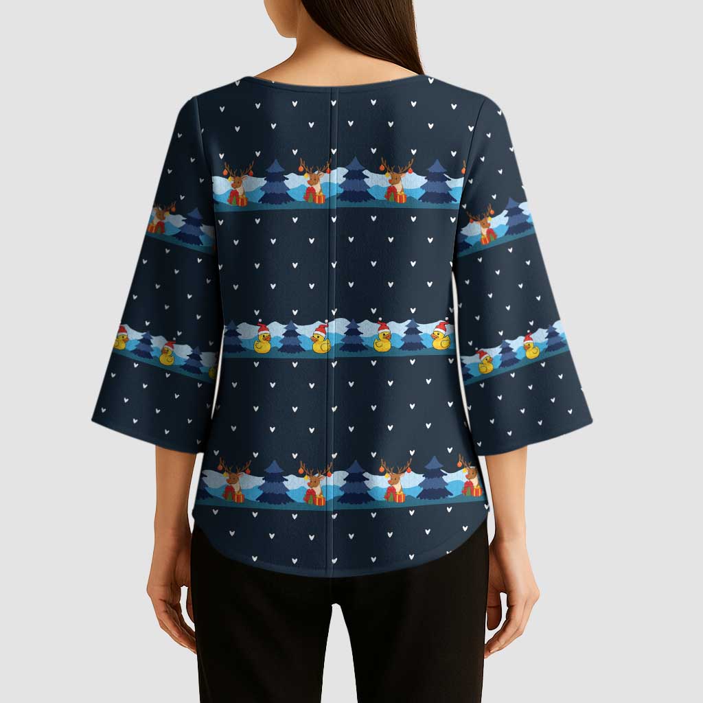 Funny Duck Characters Christmas Quacker Quote Kimono Sleeve Blouse with Navy Tree Pattern Design - Wonder Print Shop