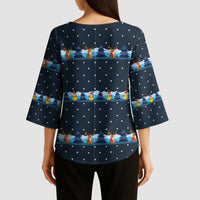 Funny Duck Characters Christmas Quacker Quote Kimono Sleeve Blouse with Navy Tree Pattern Design - Wonder Print Shop