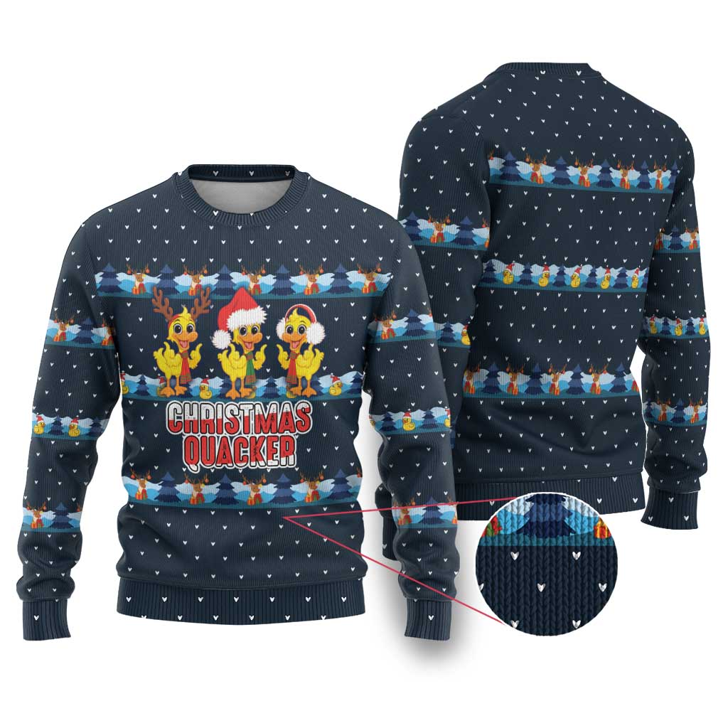 Funny Duck Characters Christmas Quacker Quote Ugly Christmas Sweater with Navy Tree Pattern Design - Wonder Print Shop