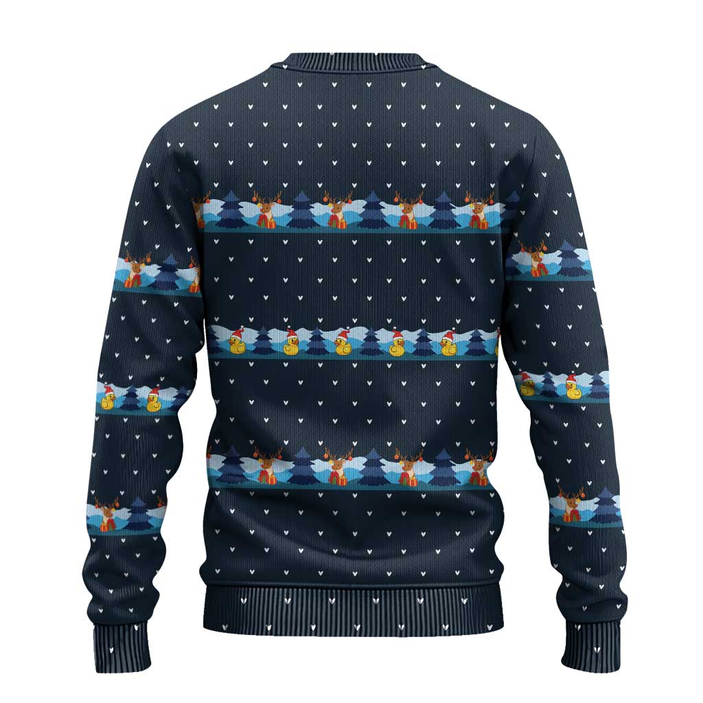 Funny Duck Characters Christmas Quacker Quote Ugly Christmas Sweater with Navy Tree Pattern Design - Wonder Print Shop