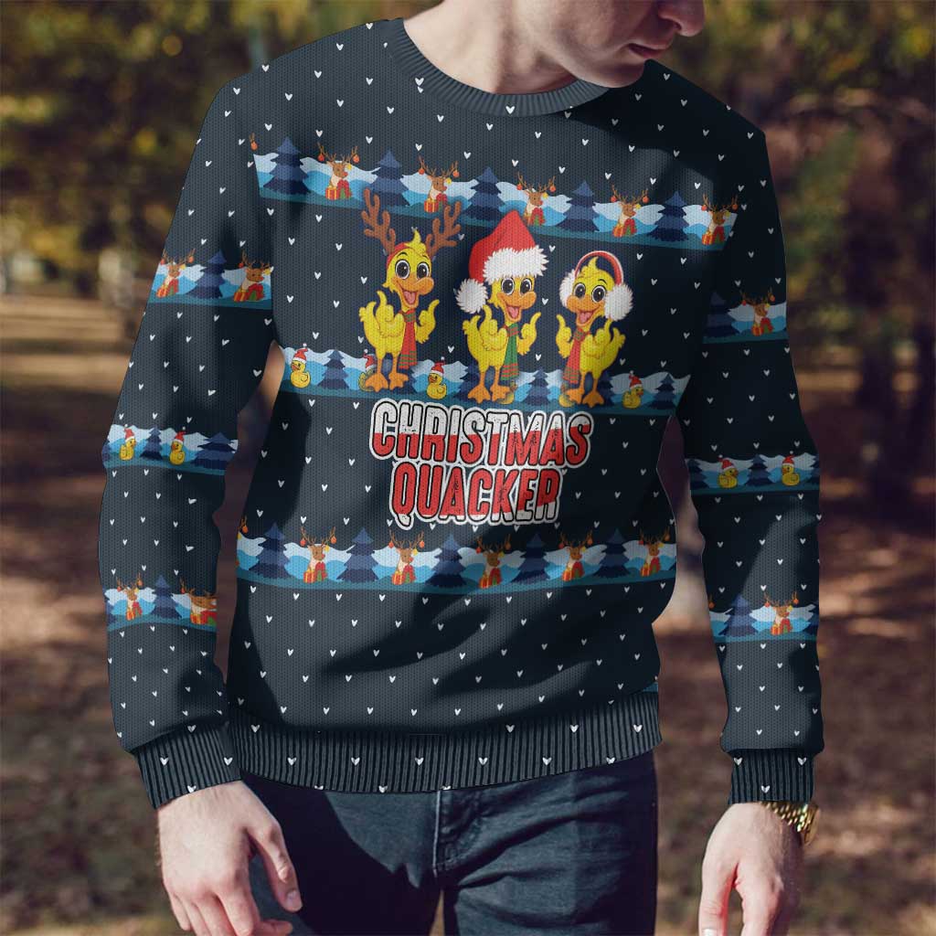 Funny Duck Characters Christmas Quacker Quote Ugly Christmas Sweater with Navy Tree Pattern Design - Wonder Print Shop
