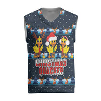 Funny Duck Characters Christmas Quacker Quote Christmas Knitted V-Neck Vest with Navy Tree Pattern Design - Wonder Print Shop