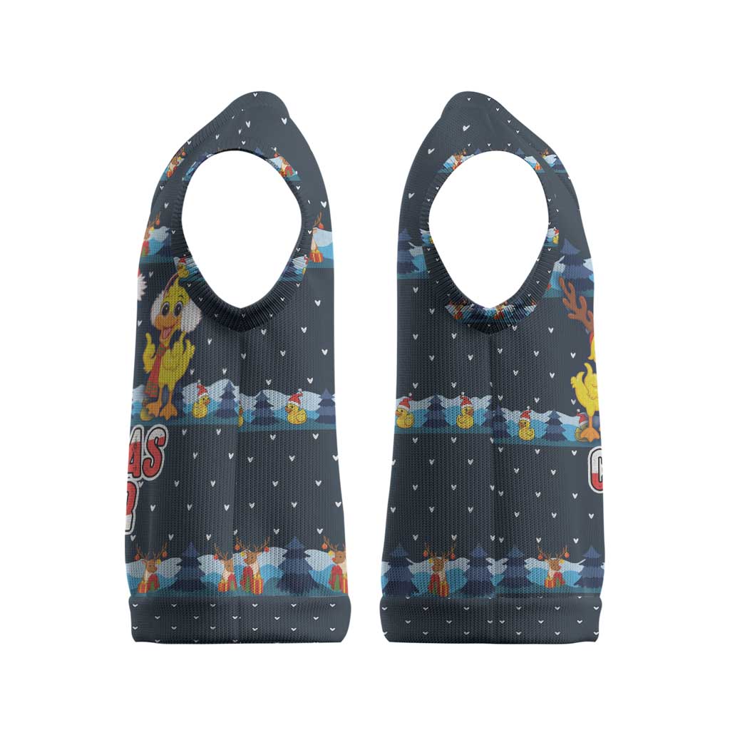 Funny Duck Characters Christmas Quacker Quote Christmas Knitted V-Neck Vest with Navy Tree Pattern Design - Wonder Print Shop