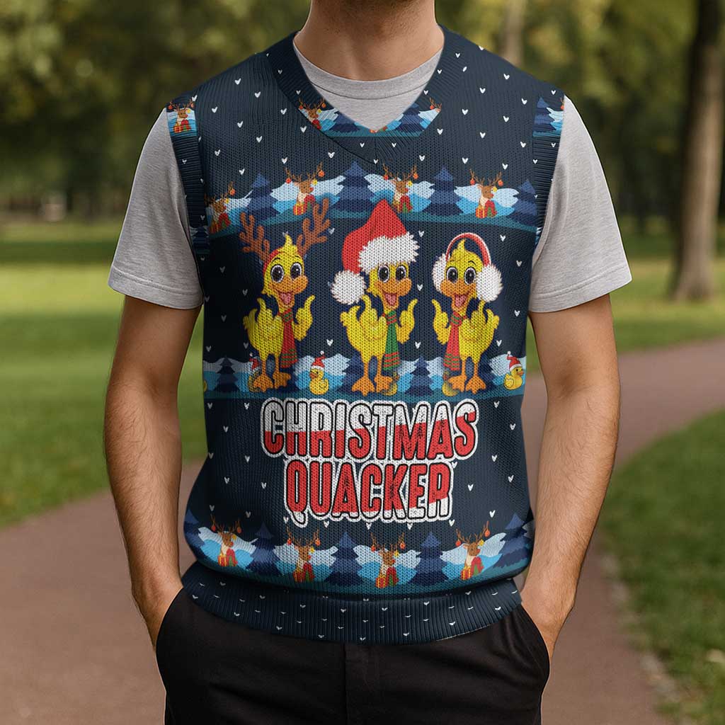 Funny Duck Characters Christmas Quacker Quote Christmas Knitted V-Neck Vest with Navy Tree Pattern Design - Wonder Print Shop