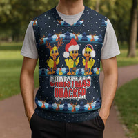 Funny Duck Characters Christmas Quacker Quote Christmas Knitted V-Neck Vest with Navy Tree Pattern Design - Wonder Print Shop