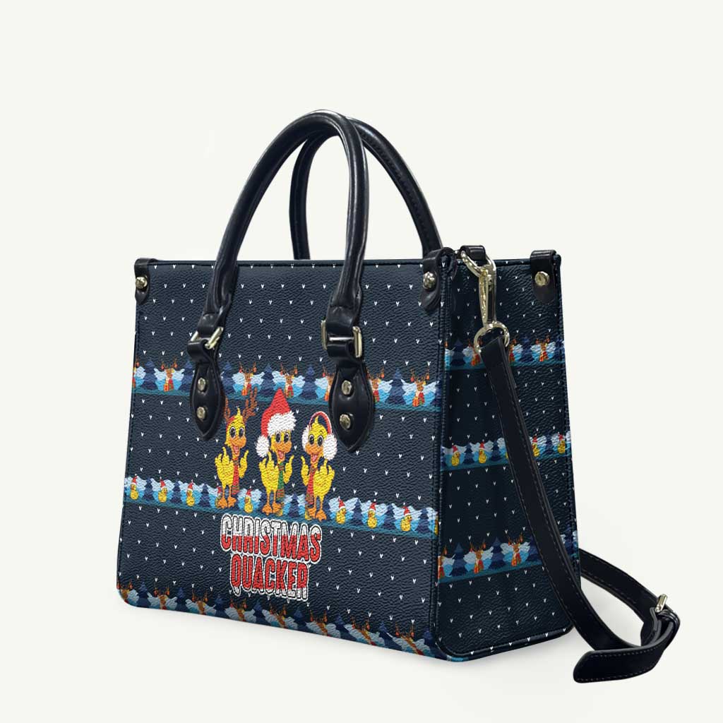 Funny Duck Characters Christmas Quacker Quote Leather Bag with Navy Tree Pattern Design - Wonder Print Shop