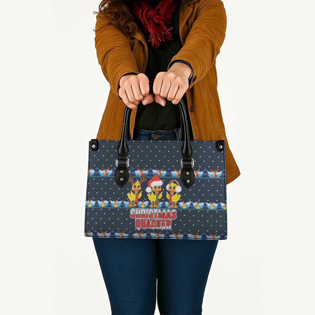 Funny Duck Characters Christmas Quacker Quote Leather Bag with Navy Tree Pattern Design - Wonder Print Shop