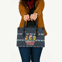 Funny Duck Characters Christmas Quacker Quote Leather Bag with Navy Tree Pattern Design - Wonder Print Shop