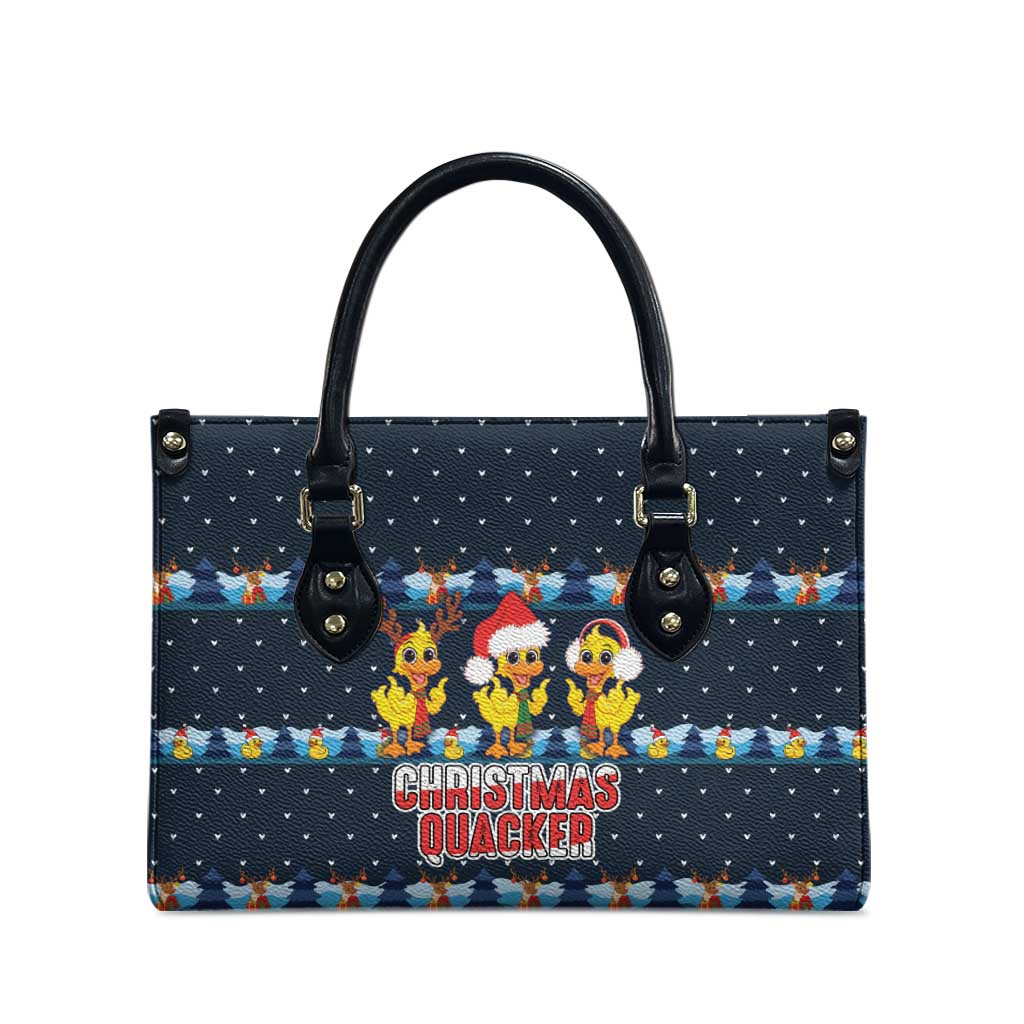 Funny Duck Characters Christmas Quacker Quote Leather Bag with Navy Tree Pattern Design - Wonder Print Shop