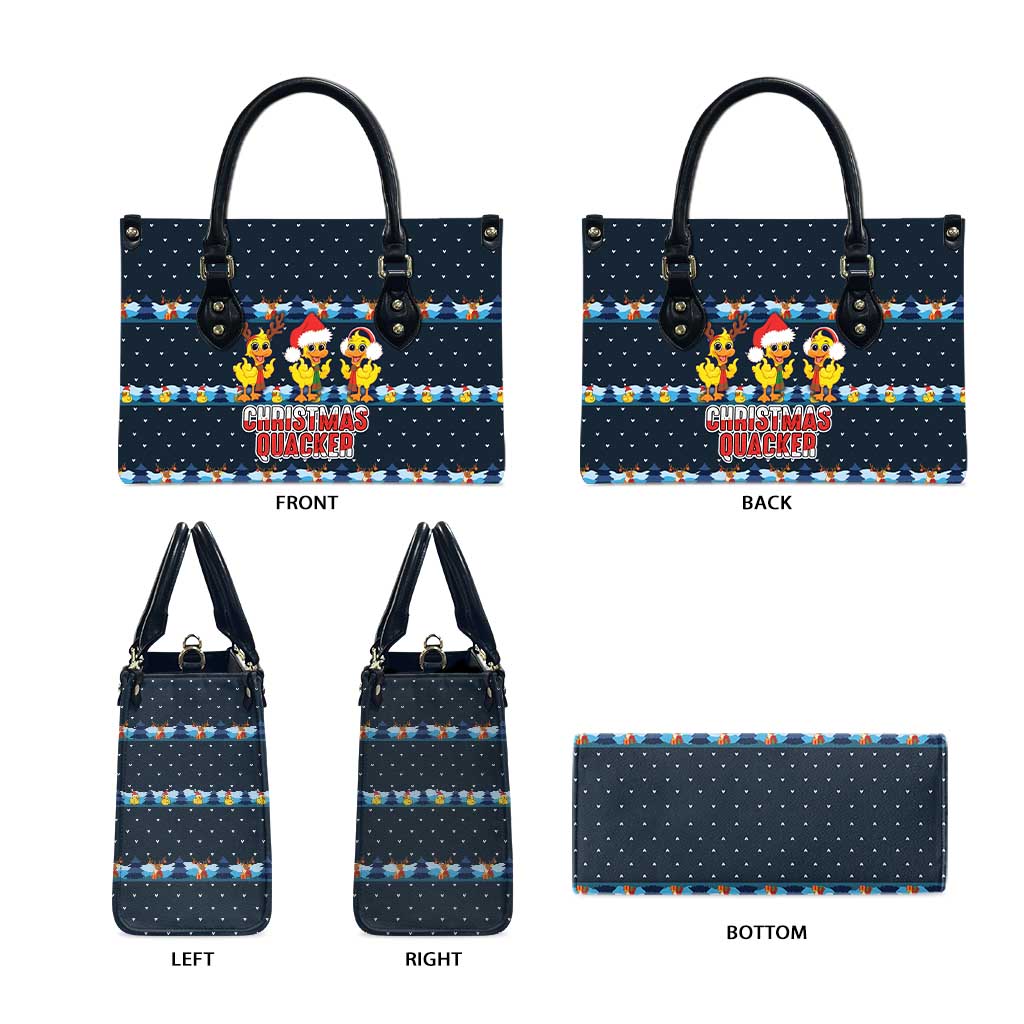 Funny Duck Characters Christmas Quacker Quote Leather Bag with Navy Tree Pattern Design - Wonder Print Shop