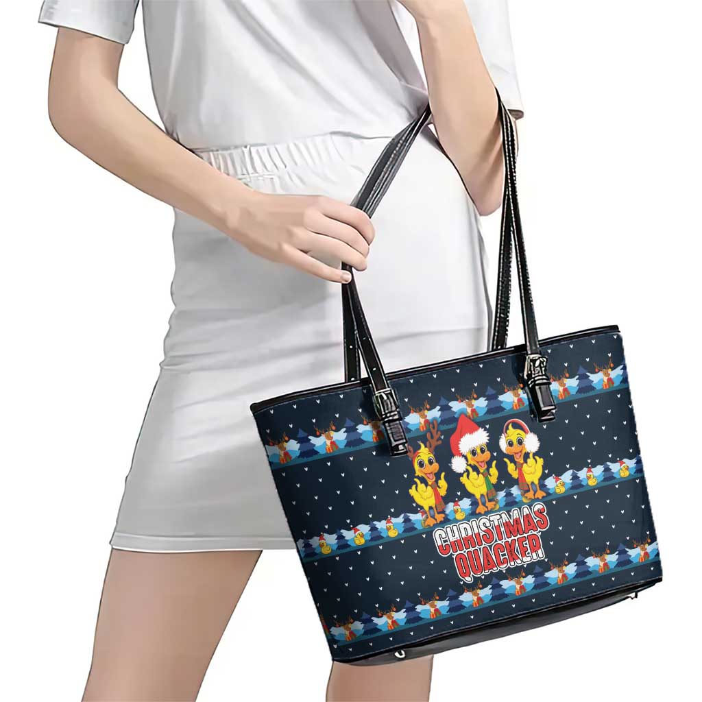 Funny Duck Characters Christmas Quacker Quote Leather Tote Bag with Navy Tree Pattern Design - Wonder Print Shop