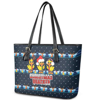 Funny Duck Characters Christmas Quacker Quote Leather Tote Bag with Navy Tree Pattern Design - Wonder Print Shop