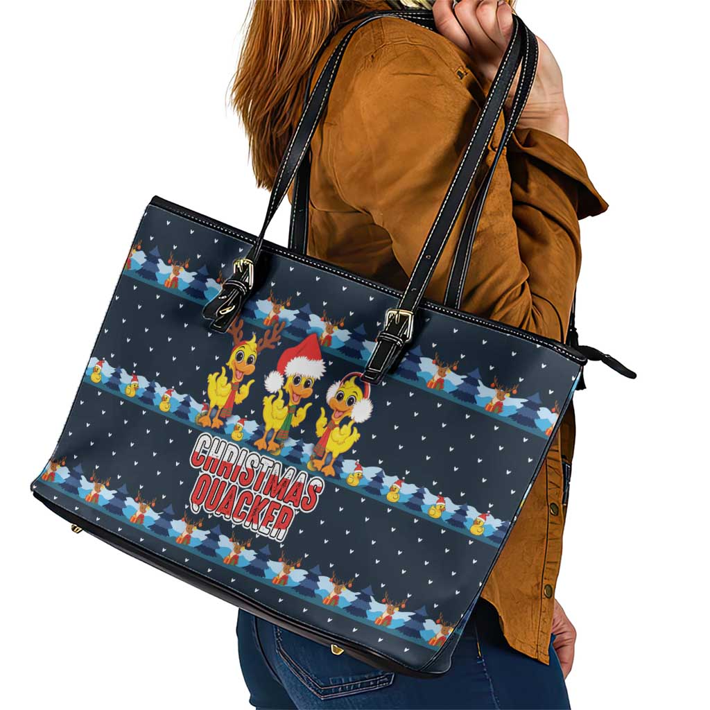 Funny Duck Characters Christmas Quacker Quote Leather Tote Bag with Navy Tree Pattern Design - Wonder Print Shop