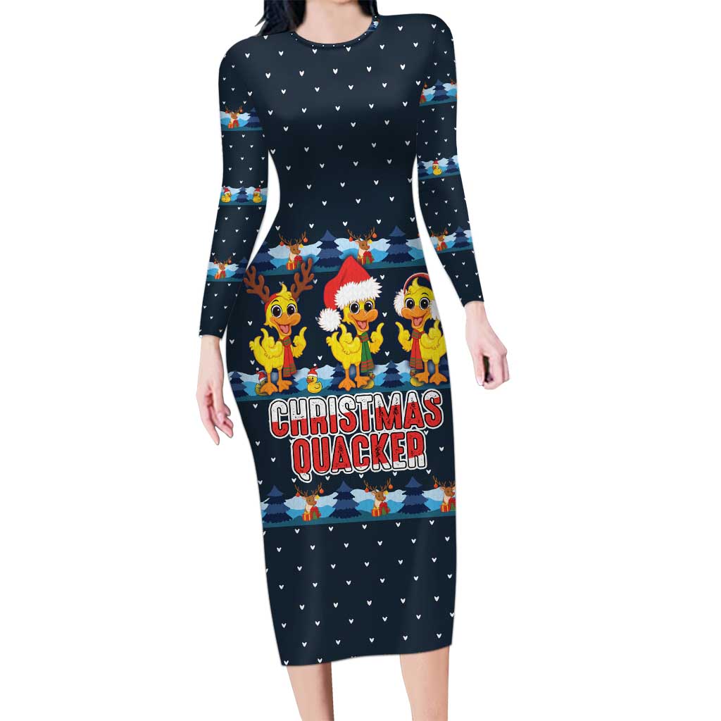 Funny Duck Characters Christmas Quacker Quote Long Sleeve Bodycon Dress with Navy Tree Pattern Design - Wonder Print Shop
